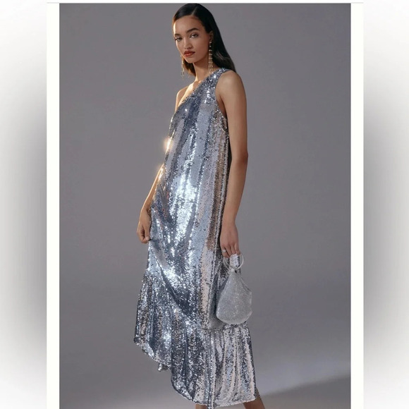 Anthropologie Maeve One-Shoulder Silver Sequin Formal Dress Size Small S NWT - Picture 3 of 8